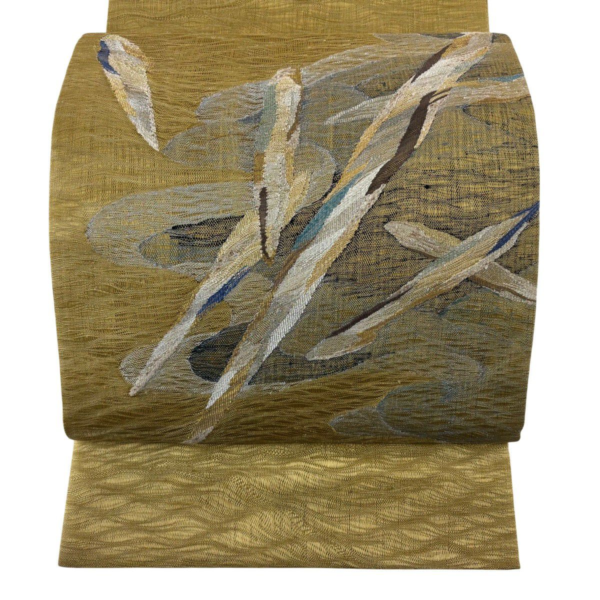 【美品】 袋帶 秀品級 幾何圖案 雲霞 金銀線 櫛織 黃土 深色 お太鼓圖案 純蠶絲