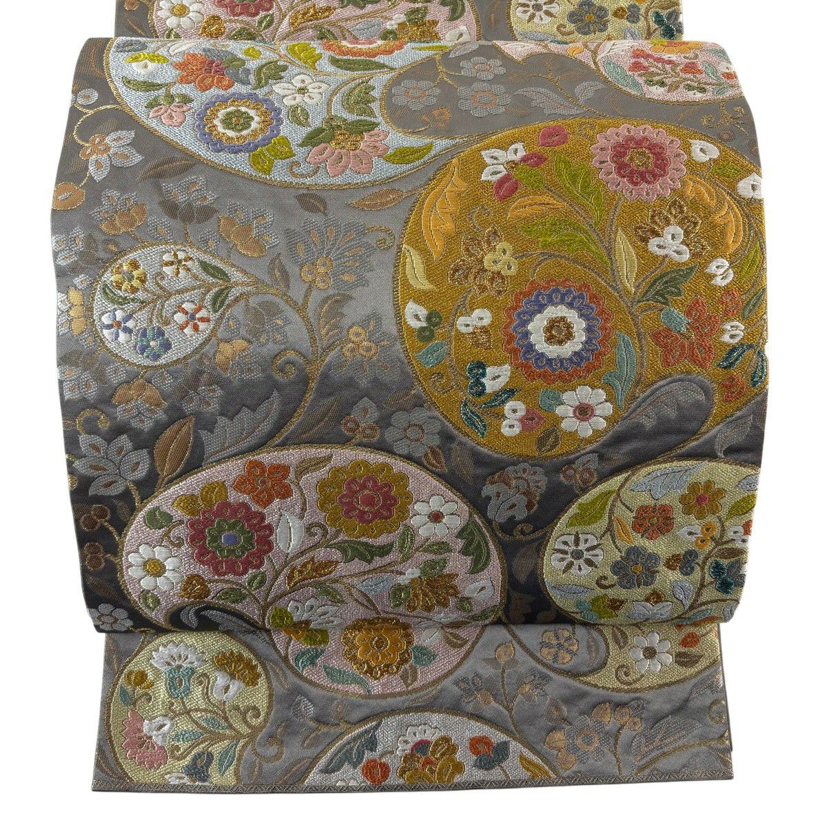 【美品】 袋帶 秀品級 關西仕立 花唐草紋 草花紋 金糸 金金箔 灰色 六通 純蠶絲