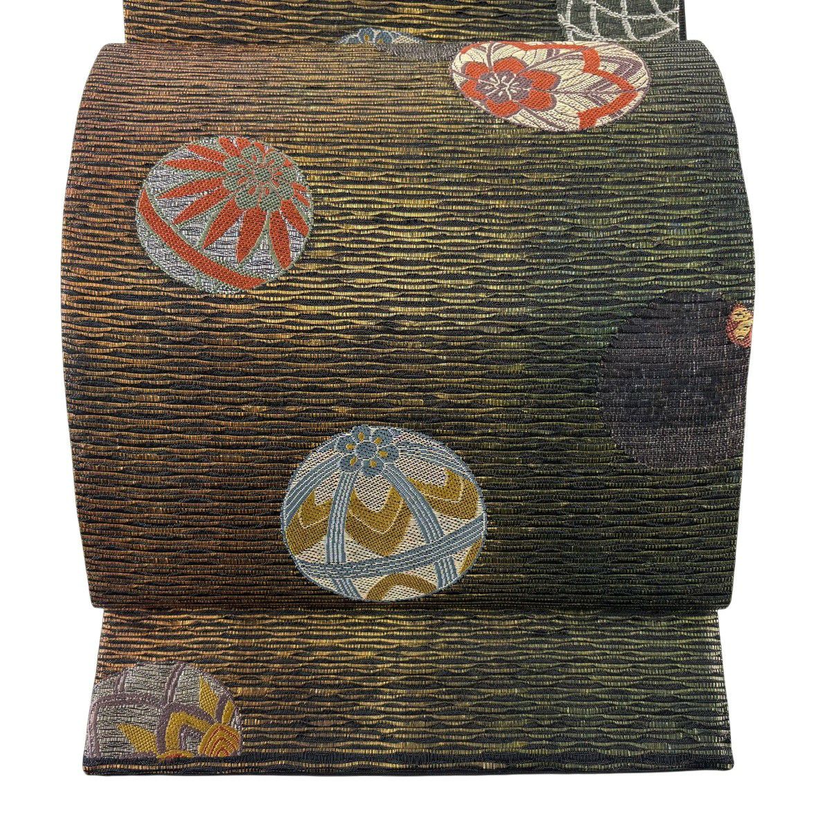 【美品】 袋帶 秀品級 關西仕立 手鞠 紋理 金金箔 金絲 金茶 六通 純蠶絲