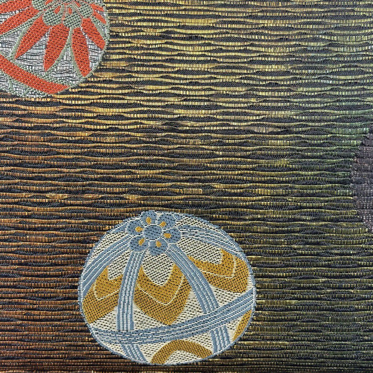 【美品】 袋帶 秀品級 關西仕立 手鞠 紋理 金金箔 金絲 金茶 六通 純蠶絲
