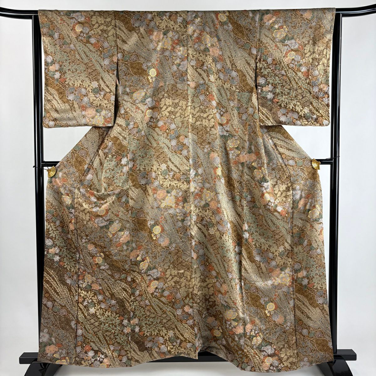 【美品】 付下 身長160cm 袖長64.5cm M 雙層 草花紋紋 藤 金銀彩 絞染 茶 純蠶絲 秀品級