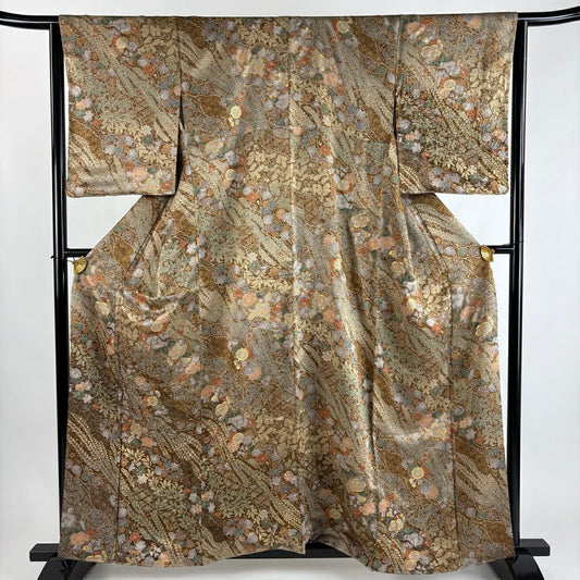 【美品】 付下 身長160cm 袖長64.5cm M 雙層 草花紋紋 藤 金銀彩 絞染 茶 純蠶絲 秀品級