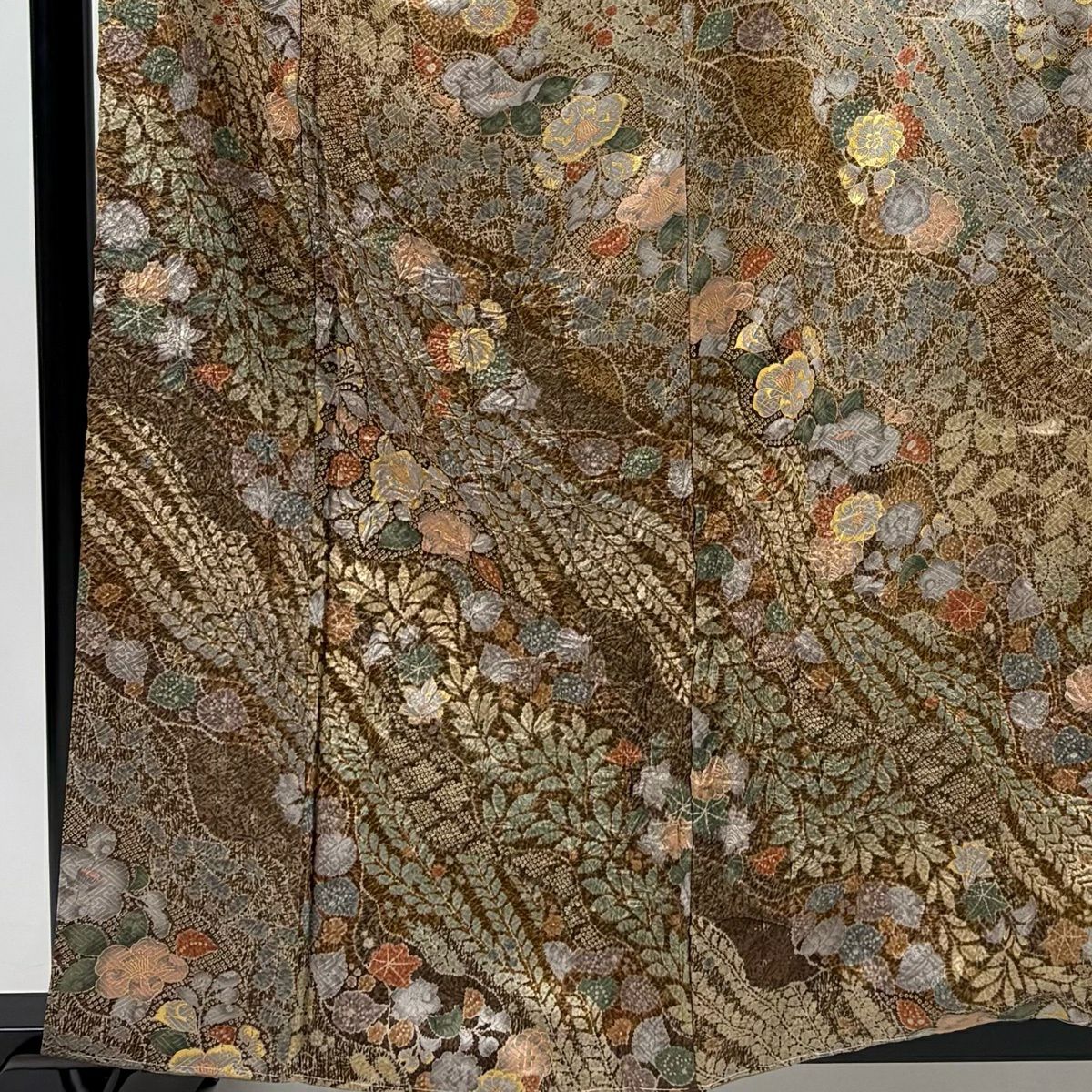 【美品】 付下 身長160cm 袖長64.5cm M 雙層 草花紋紋 藤 金銀彩 絞染 茶 純蠶絲 秀品級