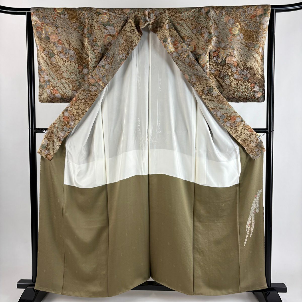 【美品】 付下 身長160cm 袖長64.5cm M 雙層 草花紋紋 藤 金銀彩 絞染 茶 純蠶絲 秀品級
