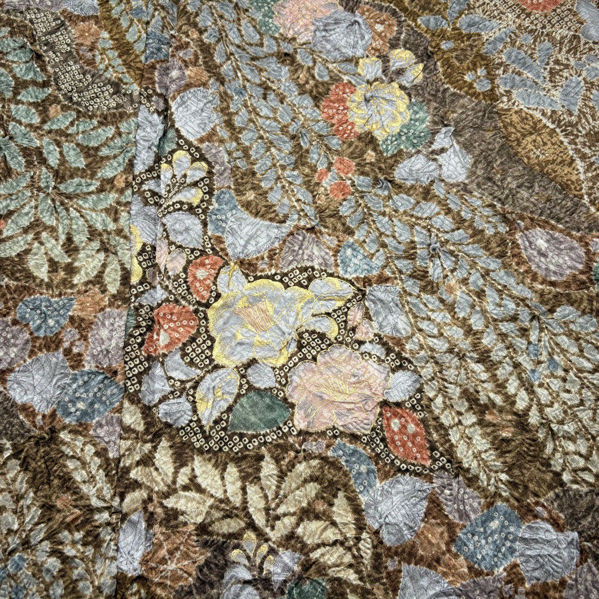 【美品】 付下 身長160cm 袖長64.5cm M 雙層 草花紋紋 藤 金銀彩 絞染 茶 純蠶絲 秀品級