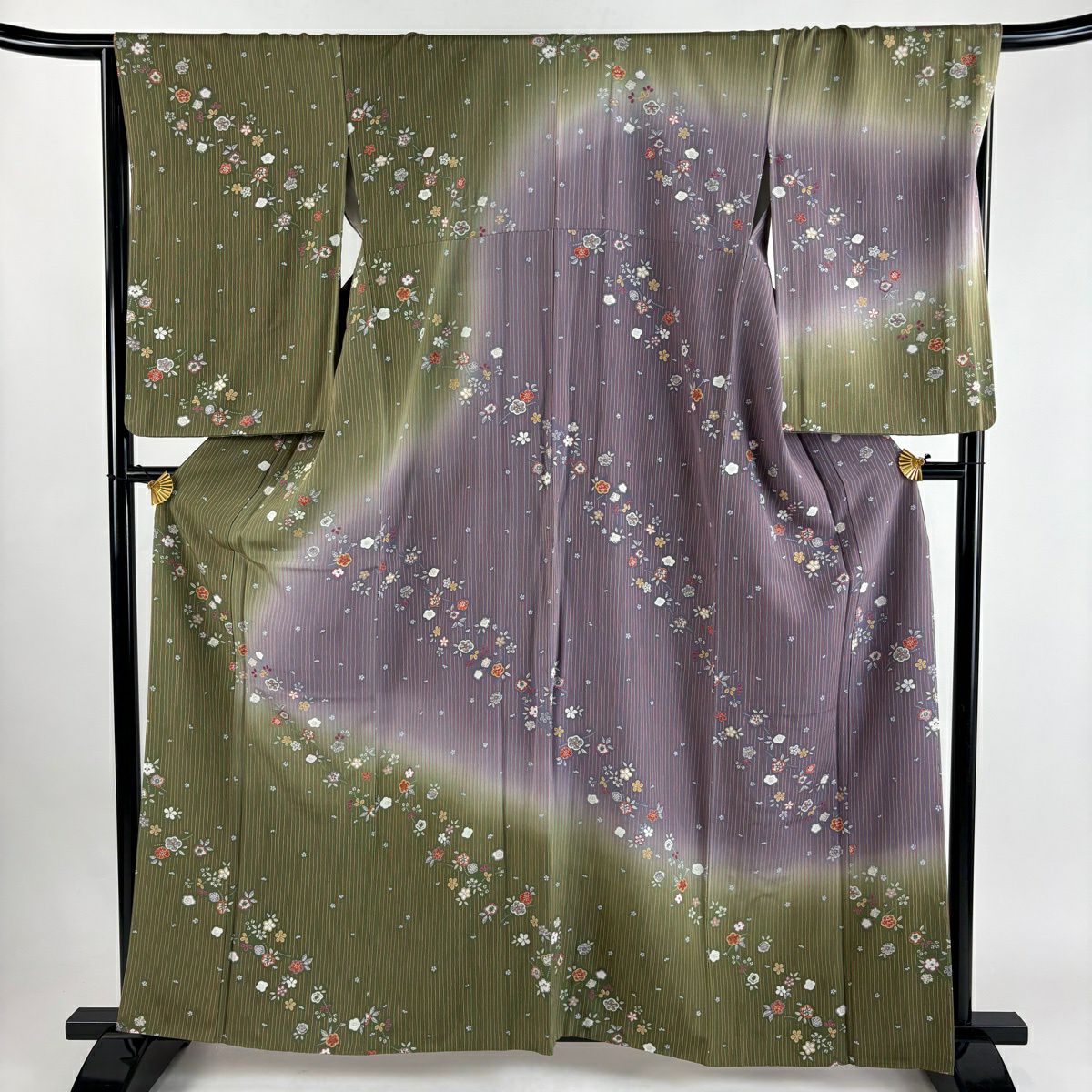【美品】訪問服 身長160.5cm 袖長67.5cm L 雙層 草花紋紋 縱條紋 金彩裝飾 漸層 茶綠 純蠶絲 優品級