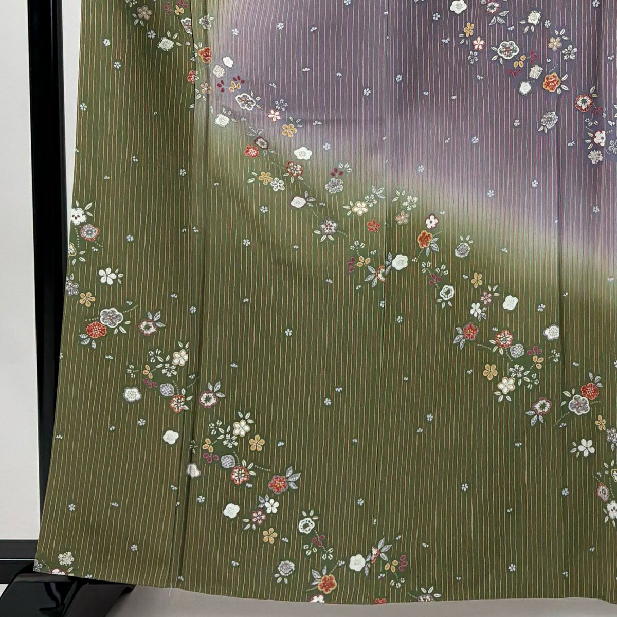 【美品】訪問服 身長160.5cm 袖長67.5cm L 雙層 草花紋紋 縱條紋 金彩裝飾 漸層 茶綠 純蠶絲 優品級