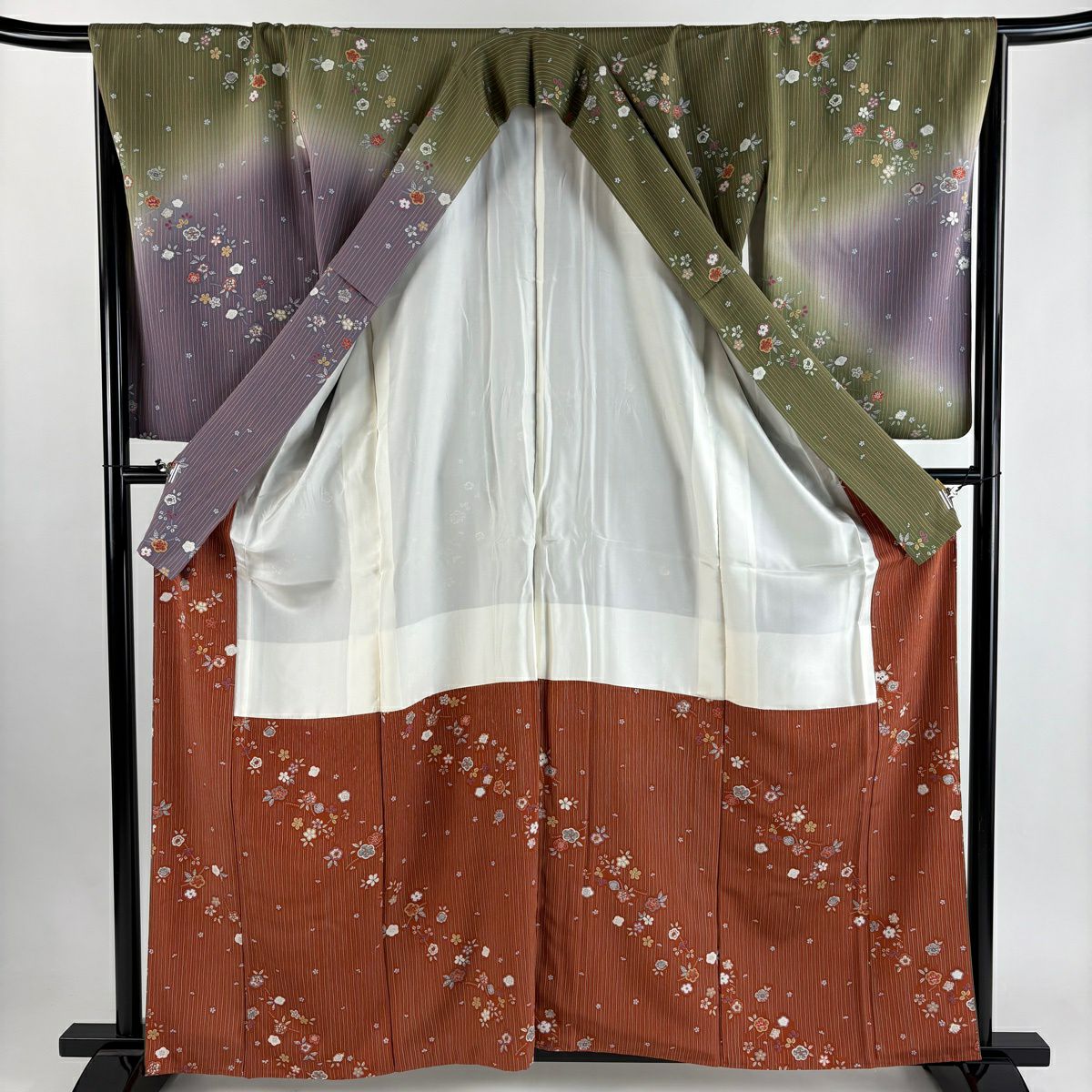 【美品】訪問服 身長160.5cm 袖長67.5cm L 雙層 草花紋紋 縱條紋 金彩裝飾 漸層 茶綠 純蠶絲 優品級