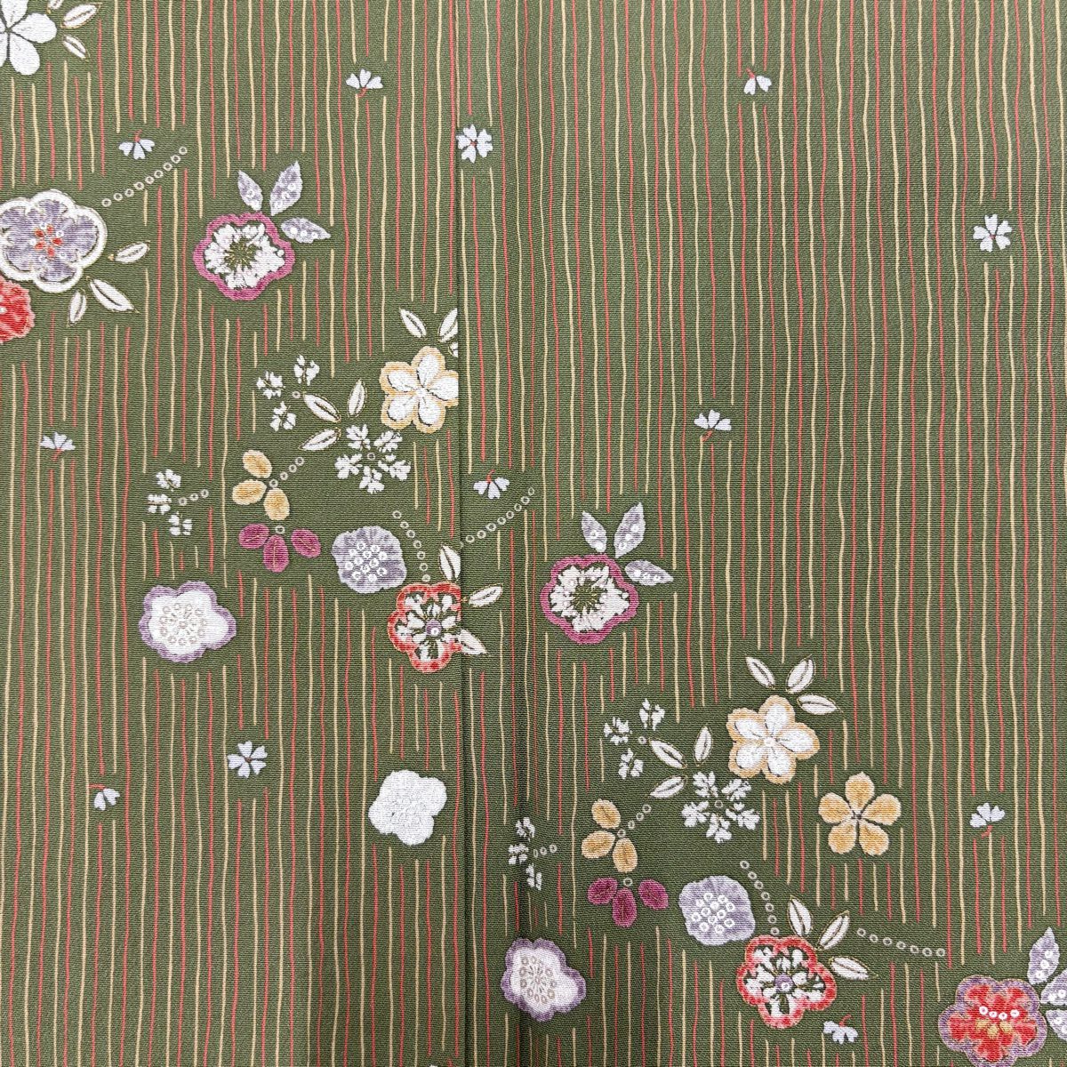 【美品】訪問服 身長160.5cm 袖長67.5cm L 雙層 草花紋紋 縱條紋 金彩裝飾 漸層 茶綠 純蠶絲 優品級