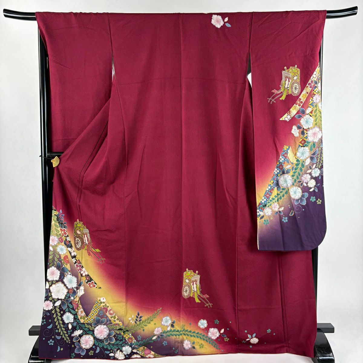 振袖禮服 身長171.5cm 袖長67.5cm L 雙層 御所車 金銀彩 絞染 錦紅 純蠶絲 秀品級