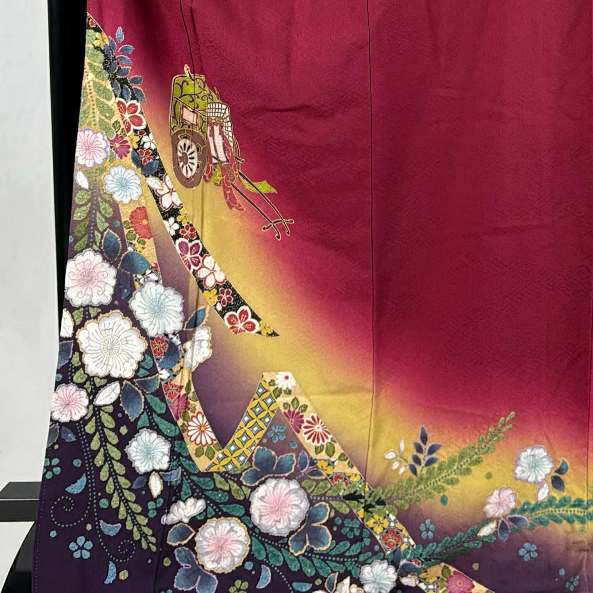 振袖禮服 身長171.5cm 袖長67.5cm L 雙層 御所車 金銀彩 絞染 錦紅 純蠶絲 秀品級