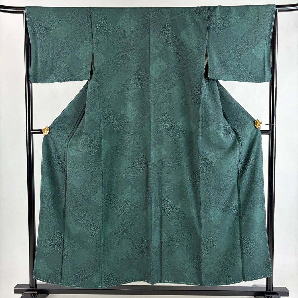 【美品】 江戶小紋 身長155cm 袖長66cm M 雙層 寄せ柄 花 深綠 純蠶絲 秀品級