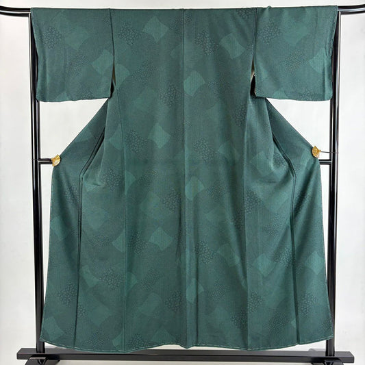 【美品】 江戶小紋 身長155cm 袖長66cm M 雙層 寄せ柄 花 深綠 純蠶絲 秀品級