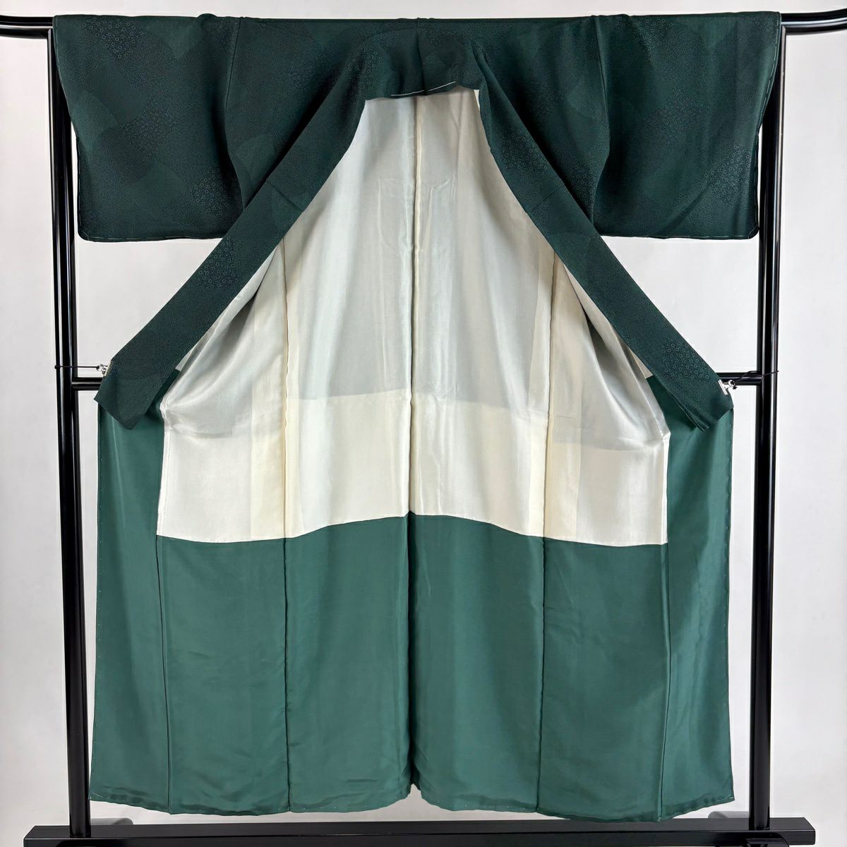【美品】 江戶小紋 身長155cm 袖長66cm M 雙層 寄せ柄 花 深綠 純蠶絲 秀品級