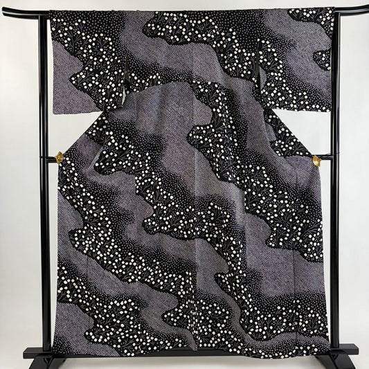 【美品】 付下 身長158cm 袖長63cm S 雙層 霞 草花紋 總絞 黑 純蠶絲 秀品級