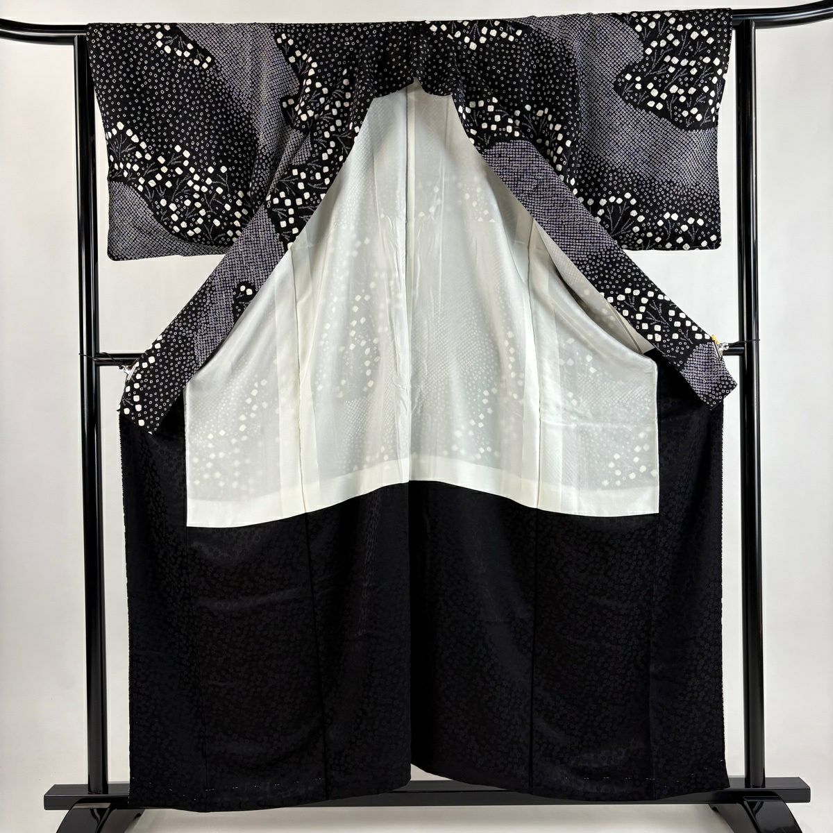 【美品】 付下 身長158cm 袖長63cm S 雙層 霞 草花紋 總絞 黑 純蠶絲 秀品級