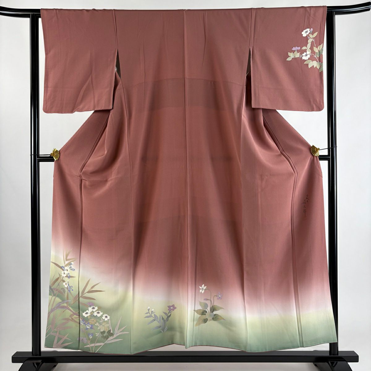 訪問服 身長155cm 袖長60.5cm S 雙層 二代目清次郎 落款あり 草花紋紋 漸層 染分 漸層 小豆色 純蠶絲 優品級