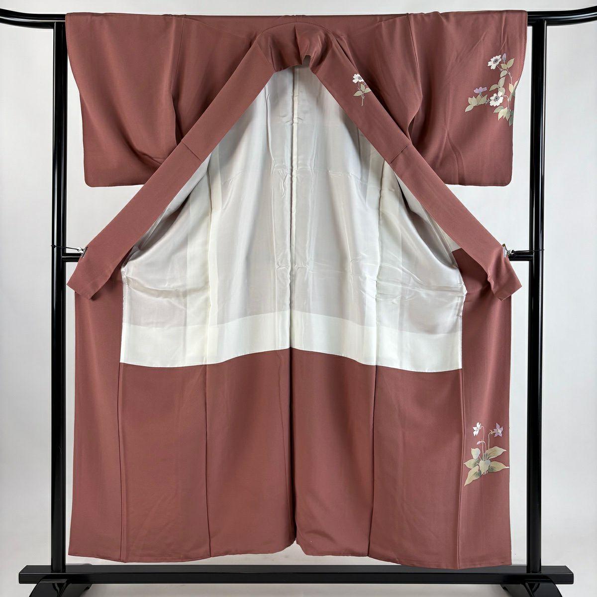 訪問服 身長155cm 袖長60.5cm S 雙層 二代目清次郎 落款あり 草花紋紋 漸層 染分 漸層 小豆色 純蠶絲 優品級