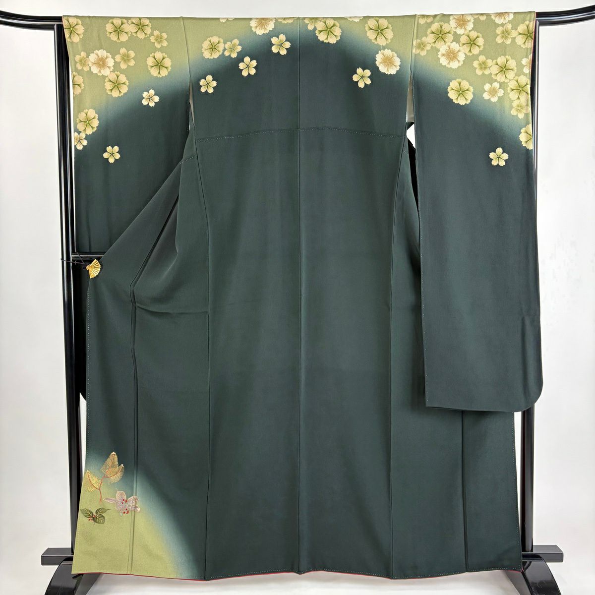 【美品】振袖禮服 身長165cm 袖長65cm M 雙層 松樹 樱花刺繡 金彩裝飾 深綠 純蠶絲 秀品級