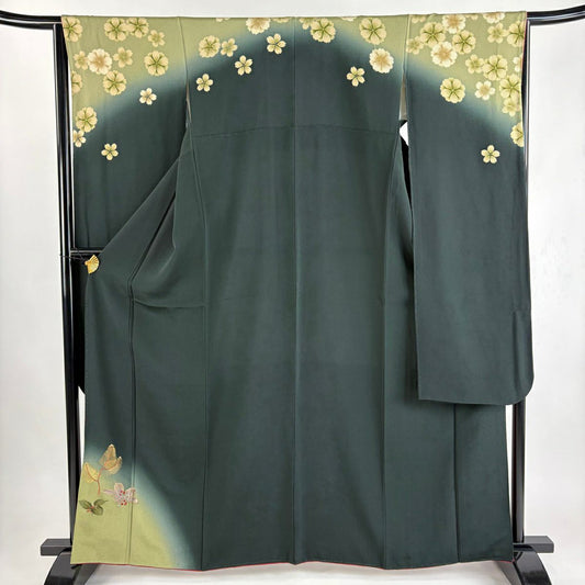【美品】振袖禮服 身長165cm 袖長65cm M 雙層 松樹 樱花刺繡 金彩裝飾 深綠 純蠶絲 秀品級