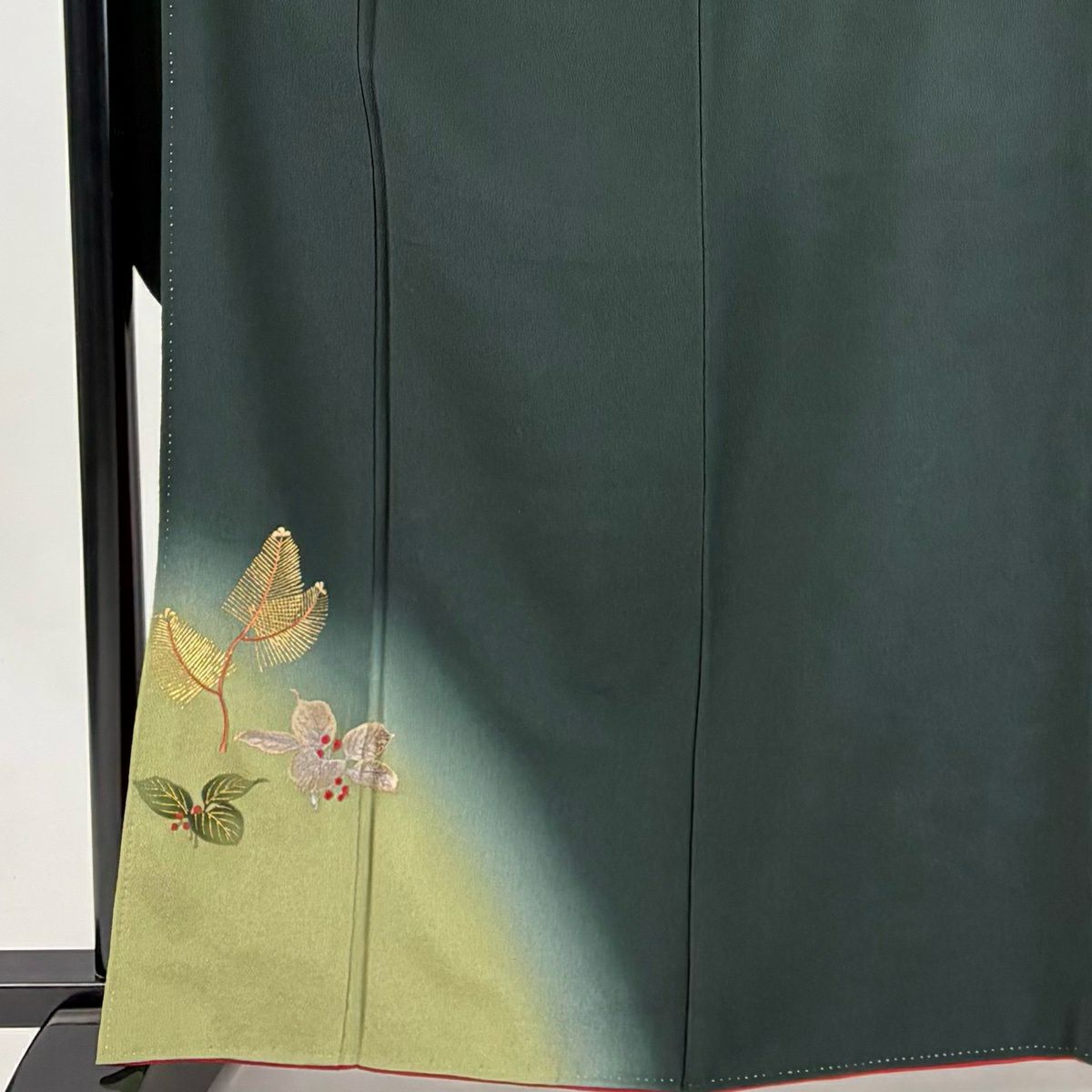 【美品】振袖禮服 身長165cm 袖長65cm M 雙層 松樹 樱花刺繡 金彩裝飾 深綠 純蠶絲 秀品級