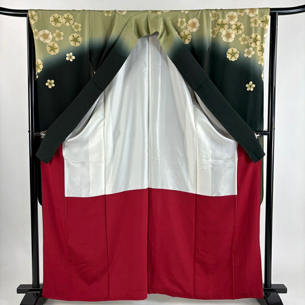 【美品】振袖禮服 身長165cm 袖長65cm M 雙層 松樹 樱花刺繡 金彩裝飾 深綠 純蠶絲 秀品級