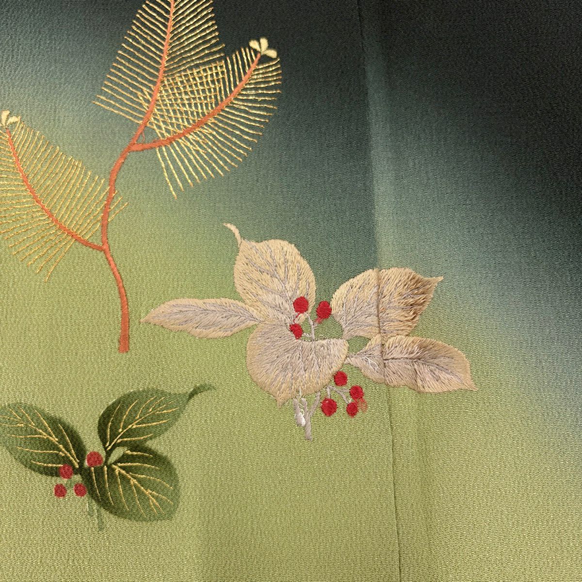 【美品】振袖禮服 身長165cm 袖長65cm M 雙層 松樹 樱花刺繡 金彩裝飾 深綠 純蠶絲 秀品級