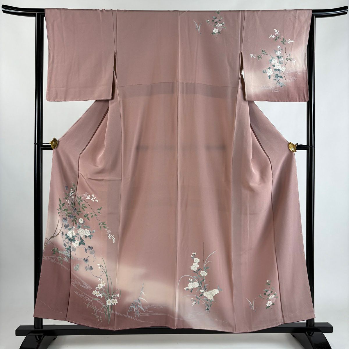 【美品】訪問服 身長158cm 袖長64cm M 雙層 枝花 流水 染分 ぼかし 淡小豆 純蠶絲 秀品級