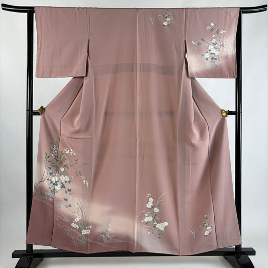 【美品】訪問服 身長158cm 袖長64cm M 雙層 枝花 流水 染分 ぼかし 淡小豆 純蠶絲 秀品級