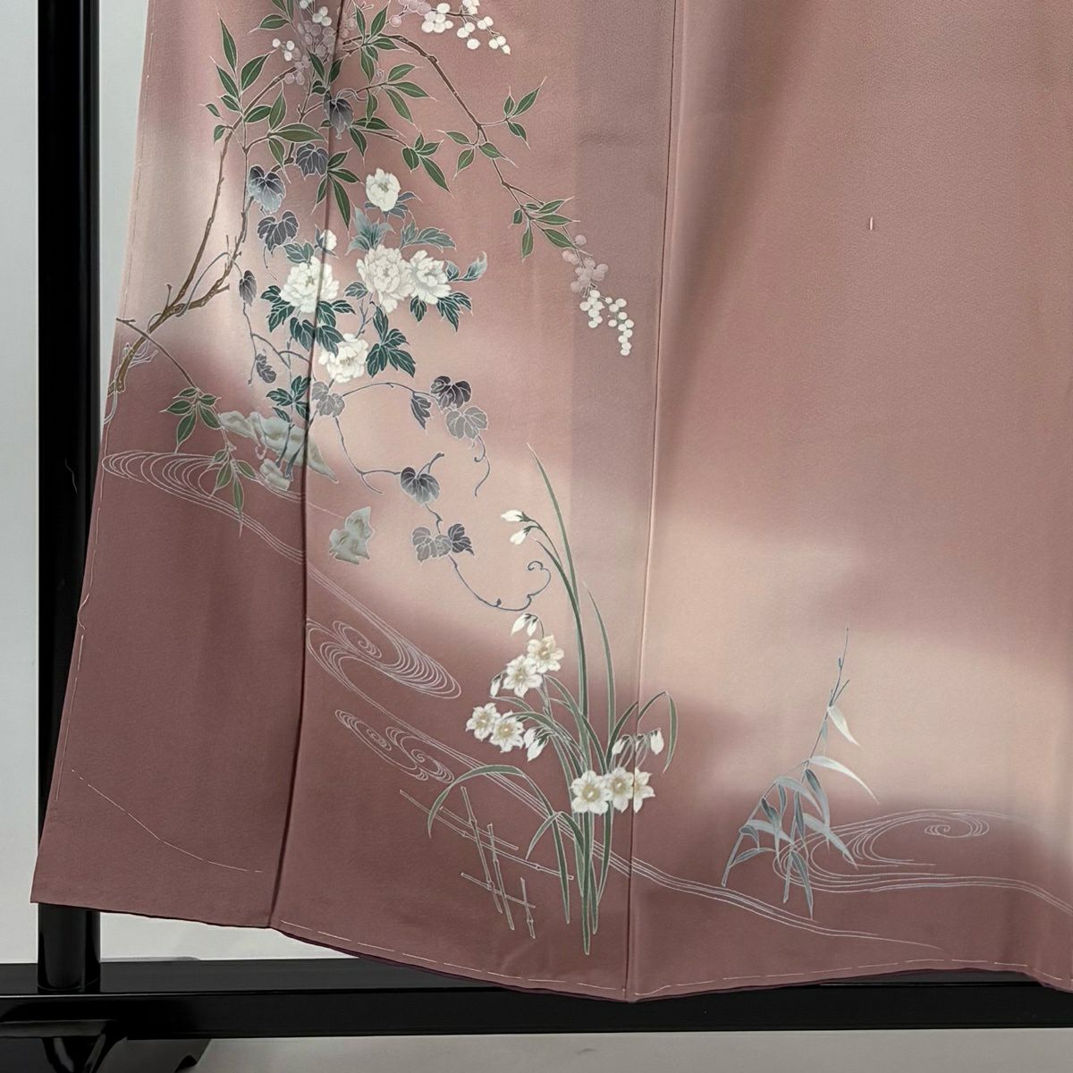 【美品】訪問服 身長158cm 袖長64cm M 雙層 枝花 流水 染分 ぼかし 淡小豆 純蠶絲 秀品級