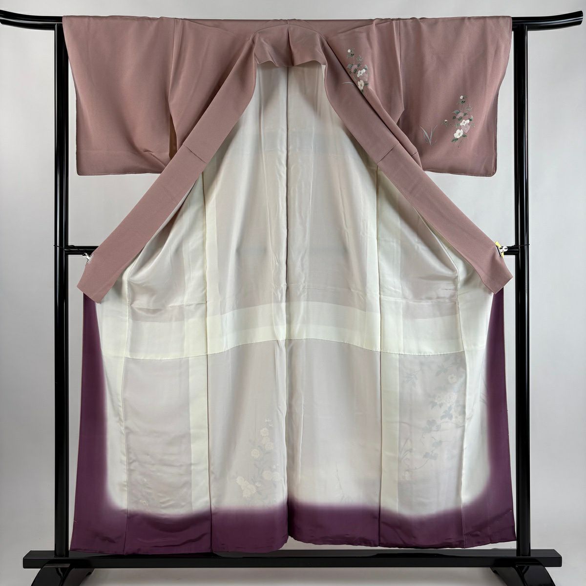 【美品】訪問服 身長158cm 袖長64cm M 雙層 枝花 流水 染分 ぼかし 淡小豆 純蠶絲 秀品級