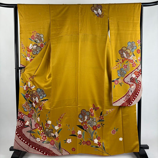 【美品】振袖禮服 身長164.5cm 袖長64.5cm M 雙層 蝶 梅花 金絲 金銀彩 山吹茶 純蠶絲 秀品級