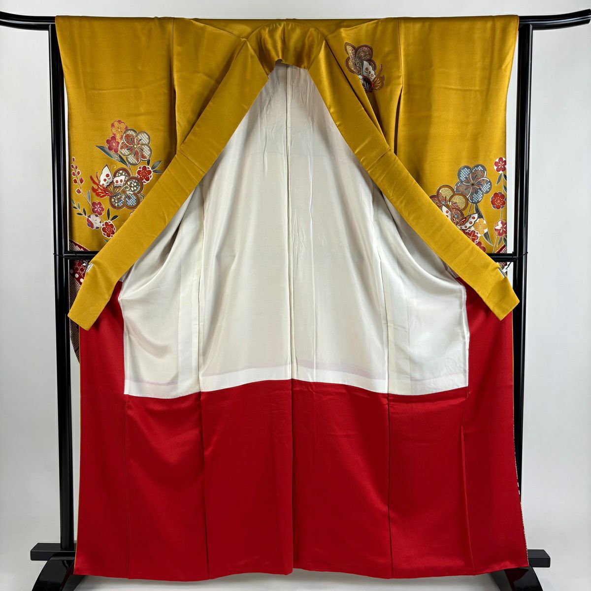 【美品】振袖禮服 身長164.5cm 袖長64.5cm M 雙層 蝶 梅花 金絲 金銀彩 山吹茶 純蠶絲 秀品級
