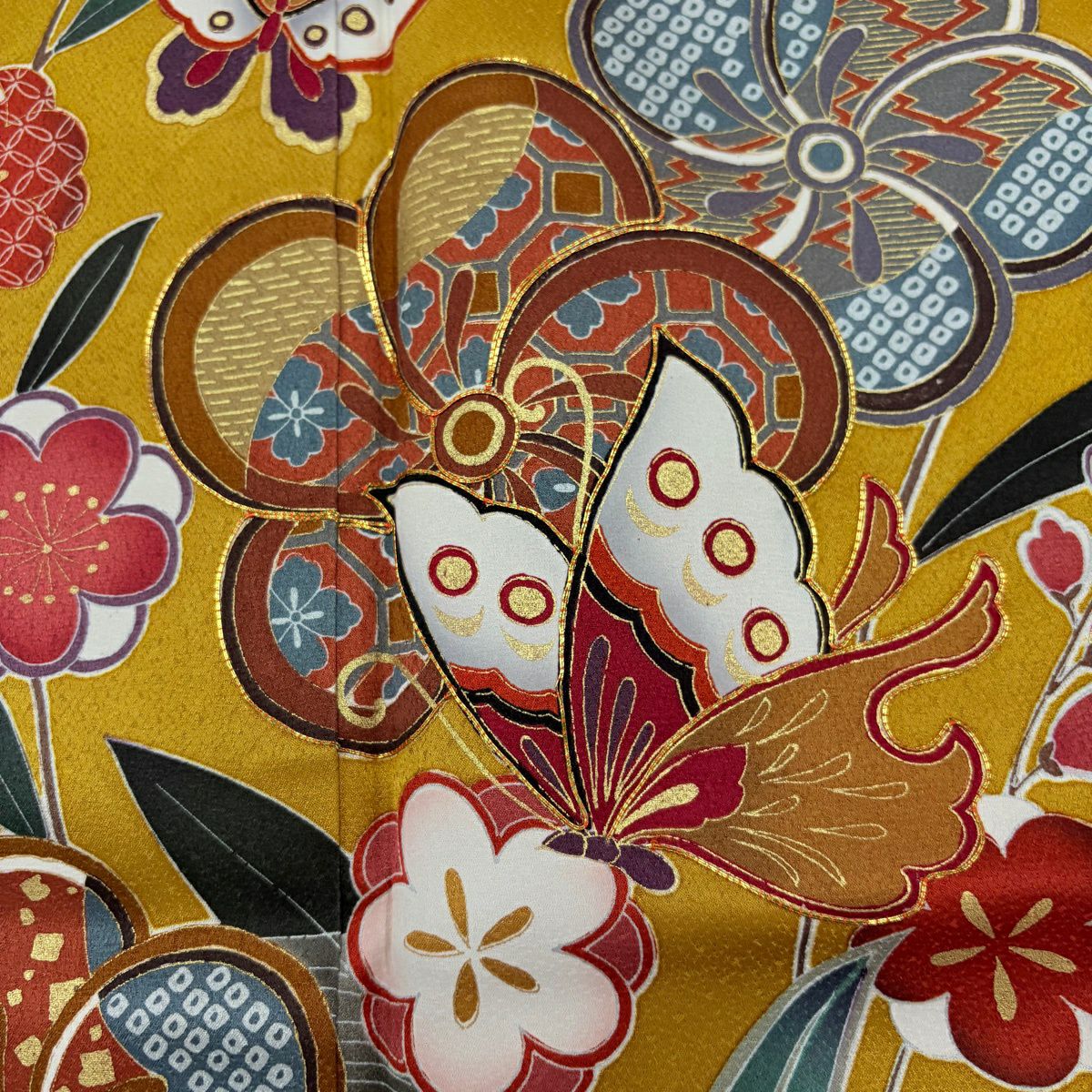 【美品】振袖禮服 身長164.5cm 袖長64.5cm M 雙層 蝶 梅花 金絲 金銀彩 山吹茶 純蠶絲 秀品級