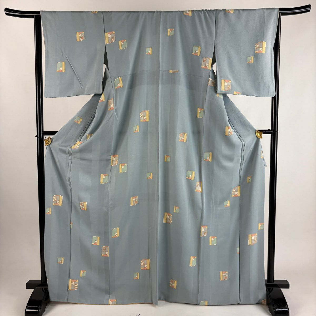 小紋 身長170cm 袖長65.5cm M 雙層 花 幾何學 金彩裝飾 水色 純蠶絲 秀品級