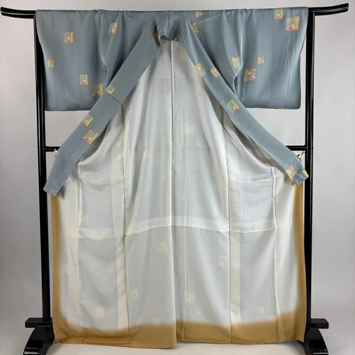 小紋 身長170cm 袖長65.5cm M 雙層 花 幾何學 金彩裝飾 水色 純蠶絲 秀品級