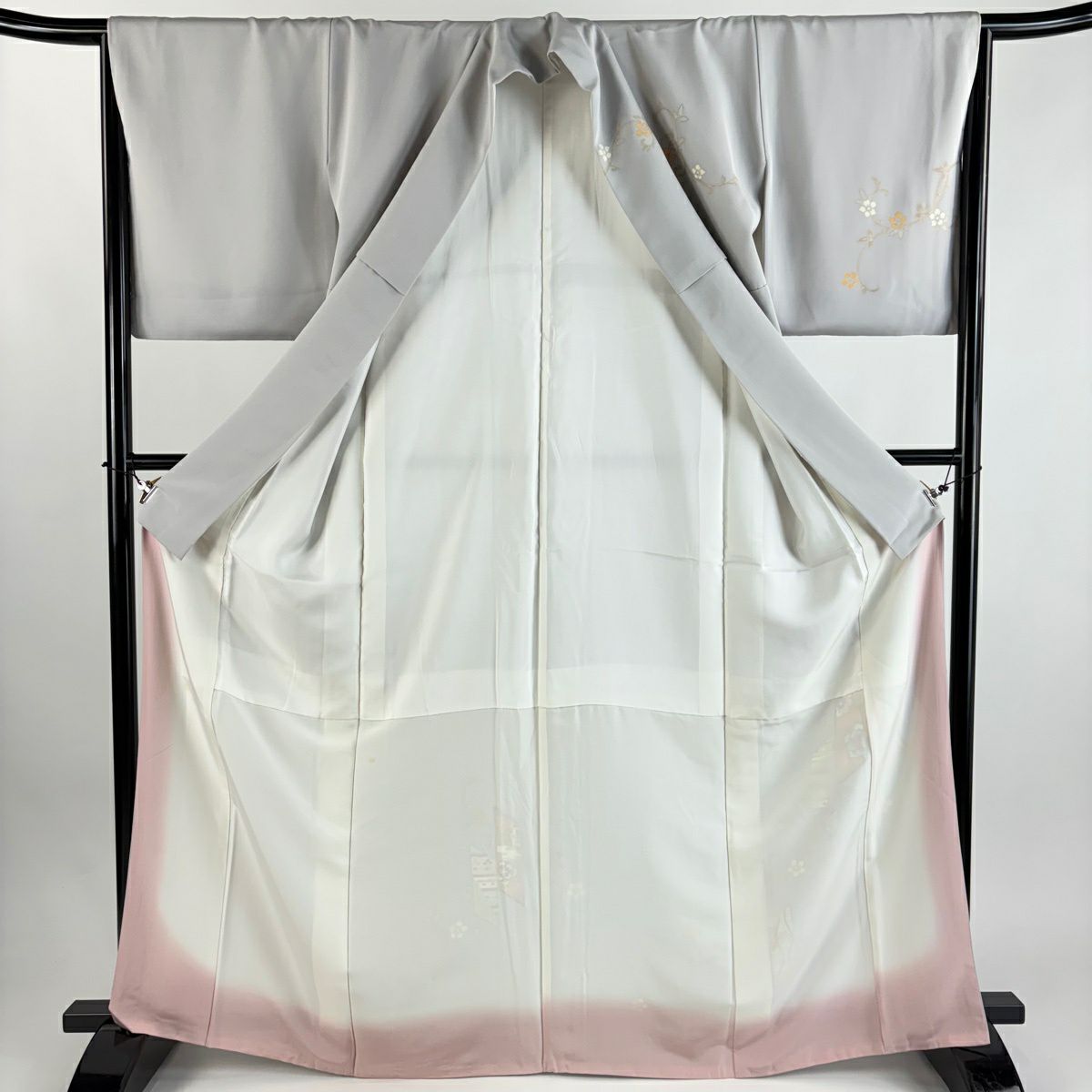 付下 身長166.5cm 袖長65.5cm M 雙層 華紋 花唐草紋 金絲 金銀彩 灰 純蠶絲 秀品級 一個紋