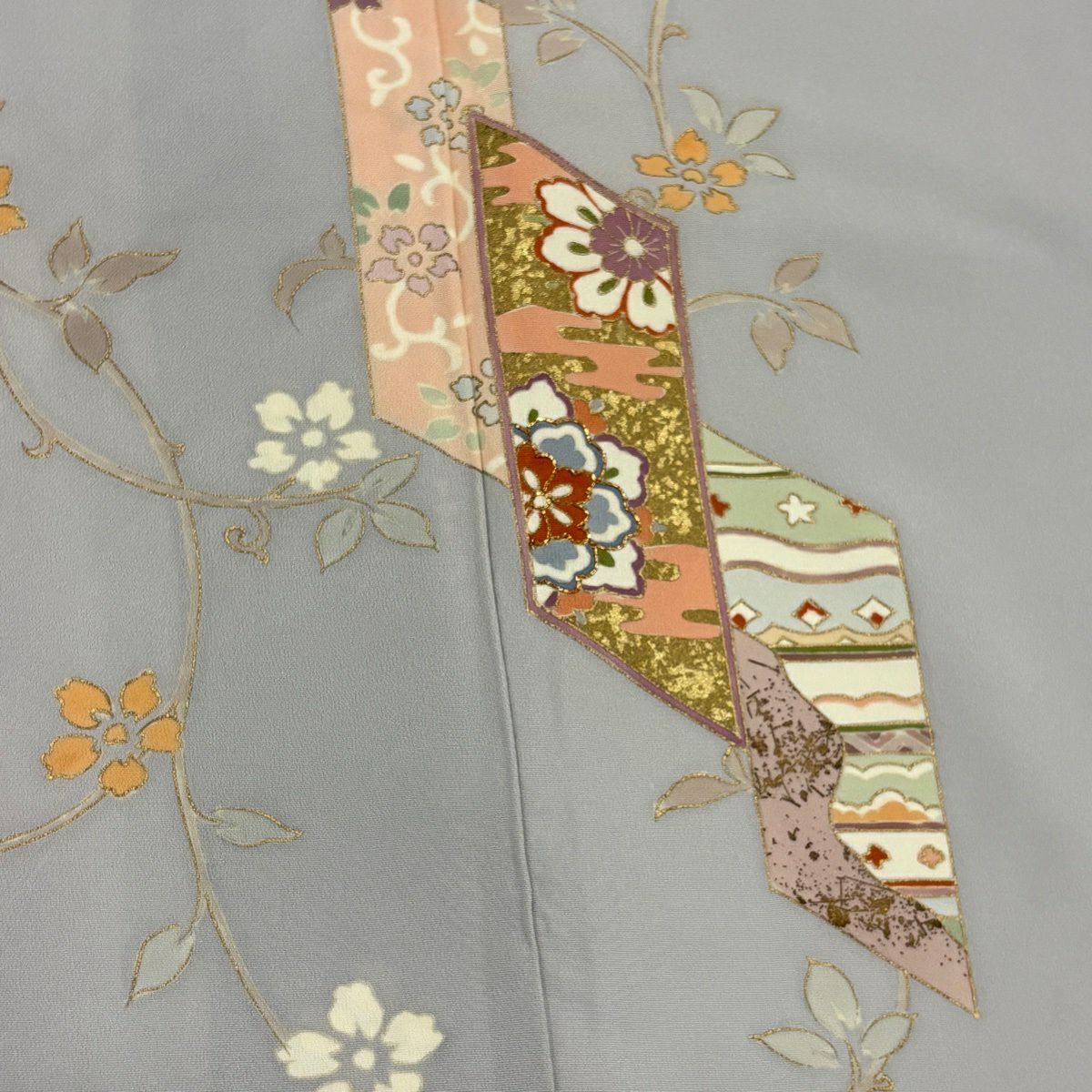 付下 身長166.5cm 袖長65.5cm M 雙層 華紋 花唐草紋 金絲 金銀彩 灰 純蠶絲 秀品級 一個紋
