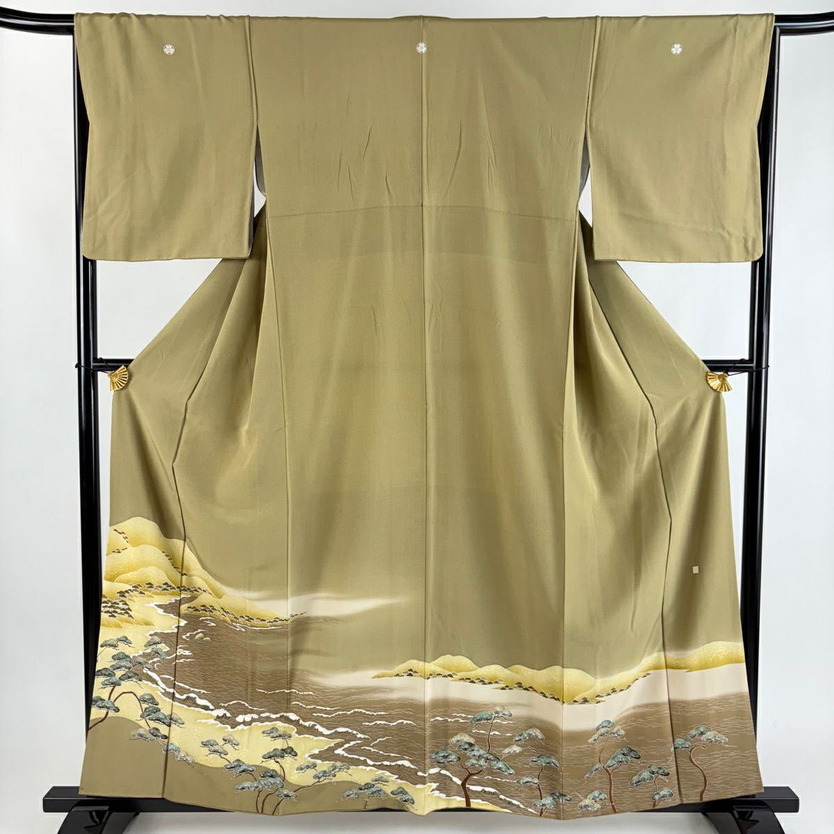 色留袖禮服 身長157.5cm 袖長65.5cm M 雙層 落款有 松樹 波頭 金銀彩 漸層 黃土 純蠶絲 優品級 五個紋