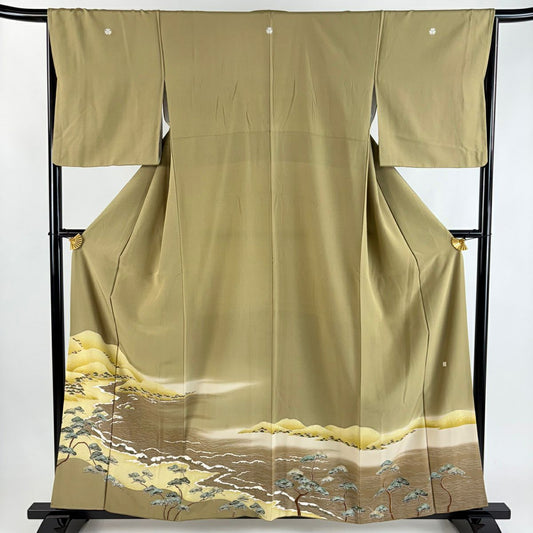 色留袖禮服 身長157.5cm 袖長65.5cm M 雙層 落款有 松樹 波頭 金銀彩 漸層 黃土 純蠶絲 優品級 五個紋
