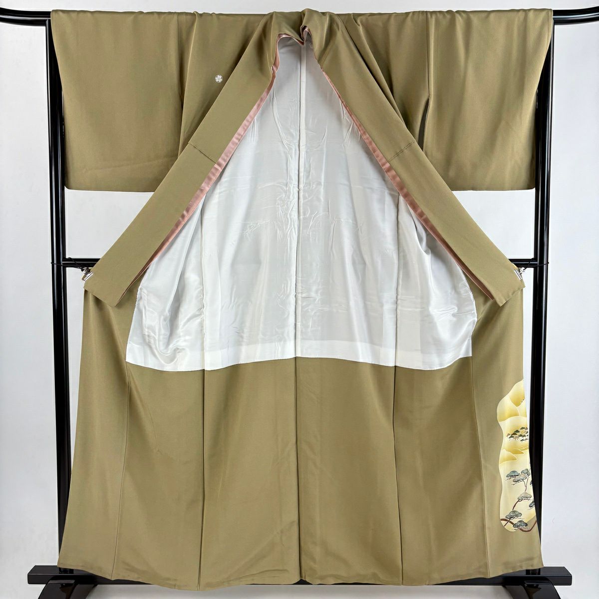 色留袖禮服 身長157.5cm 袖長65.5cm M 雙層 落款有 松樹 波頭 金銀彩 漸層 黃土 純蠶絲 優品級 五個紋