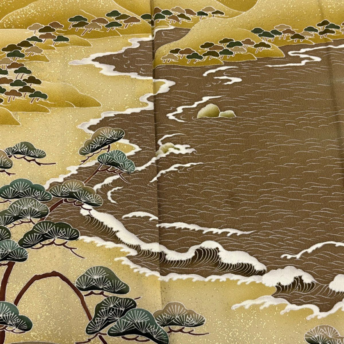 色留袖禮服 身長157.5cm 袖長65.5cm M 雙層 落款有 松樹 波頭 金銀彩 漸層 黃土 純蠶絲 優品級 五個紋