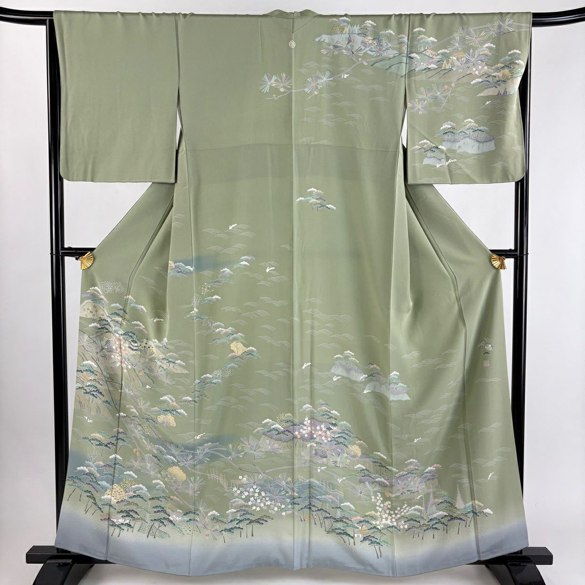 訪問服 身長160.5cm 袖長66cm M 雙層 落款あり 松樹竹子梅花 家屋 灰綠 純蠶絲 秀品級 一つ紋