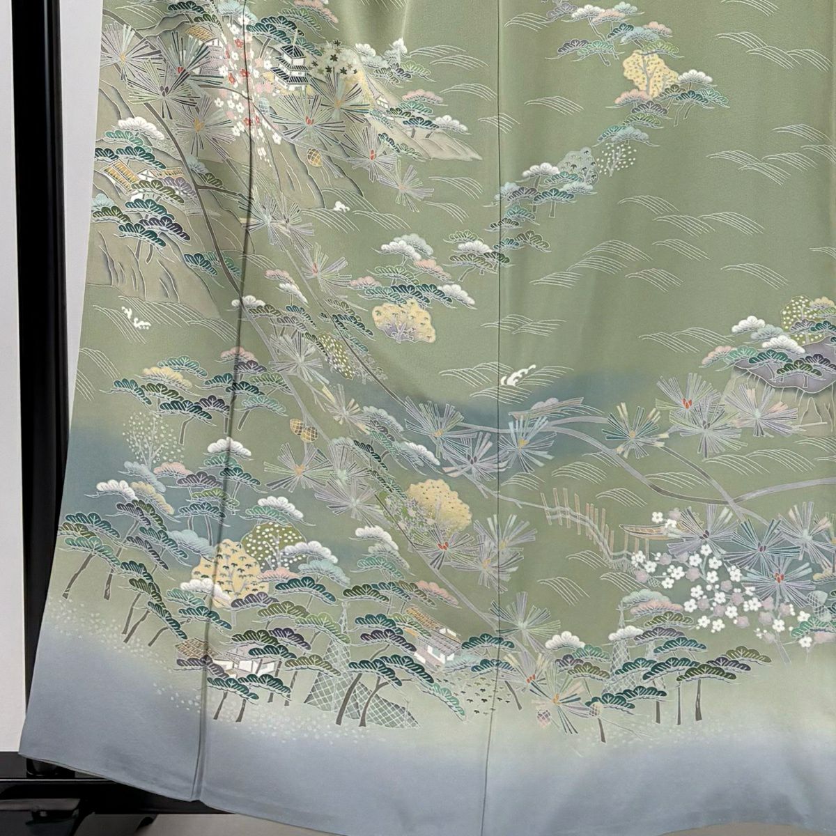 訪問服 身長160.5cm 袖長66cm M 雙層 落款あり 松樹竹子梅花 家屋 灰綠 純蠶絲 秀品級 一つ紋