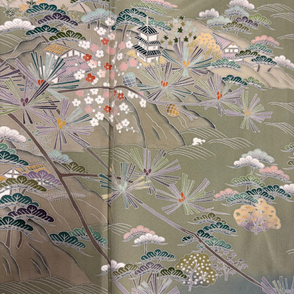 訪問服 身長160.5cm 袖長66cm M 雙層 落款あり 松樹竹子梅花 家屋 灰綠 純蠶絲 秀品級 一つ紋