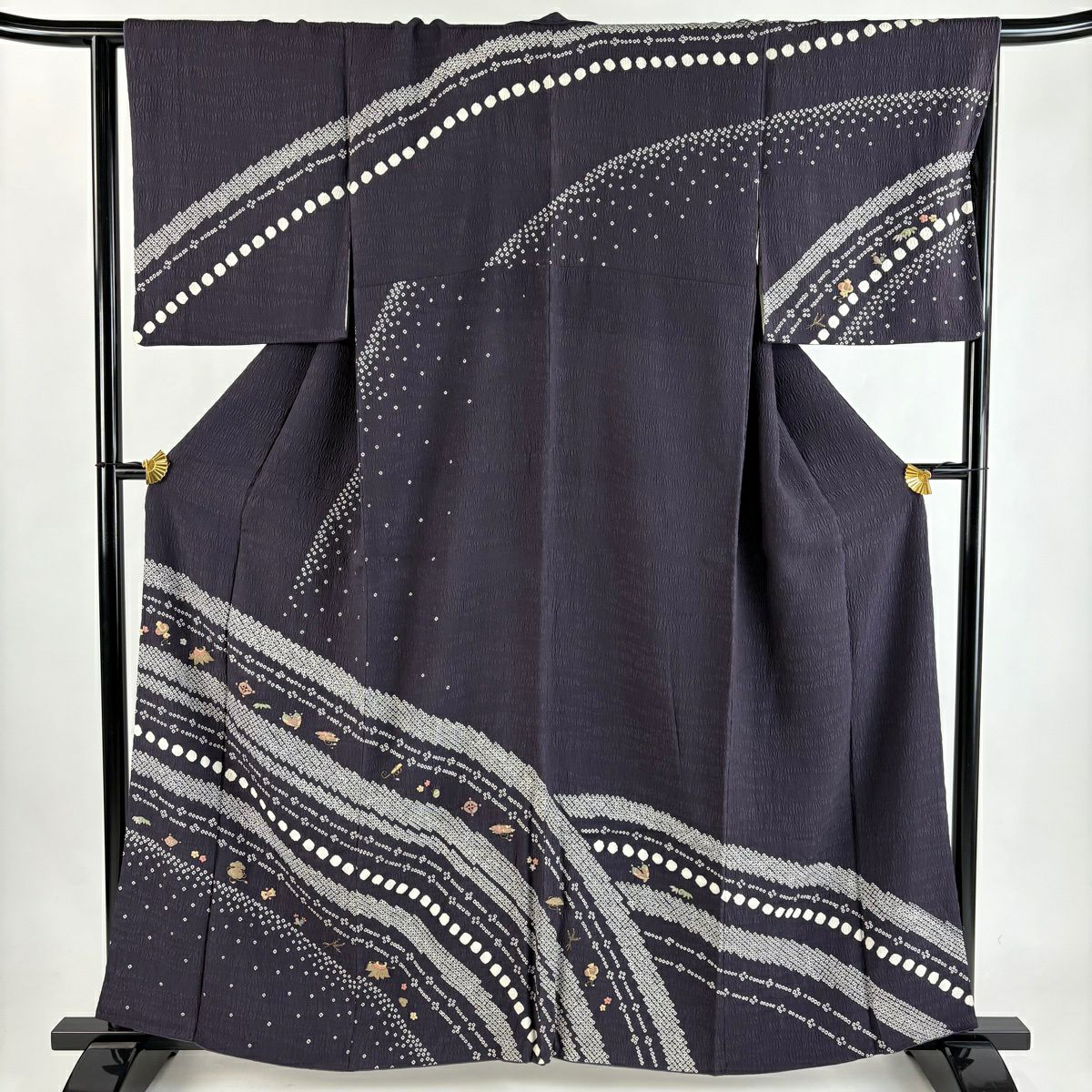 訪問服 身長159.5cm 袖長65cm M 雙層 寶盡くし 幾何學圖案 相良刺繡 金線 紫 純蠶絲 優品級
