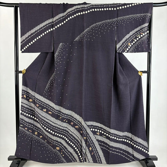訪問服 身長159.5cm 袖長65cm M 雙層 寶盡くし 幾何學圖案 相良刺繡 金線 紫 純蠶絲 優品級