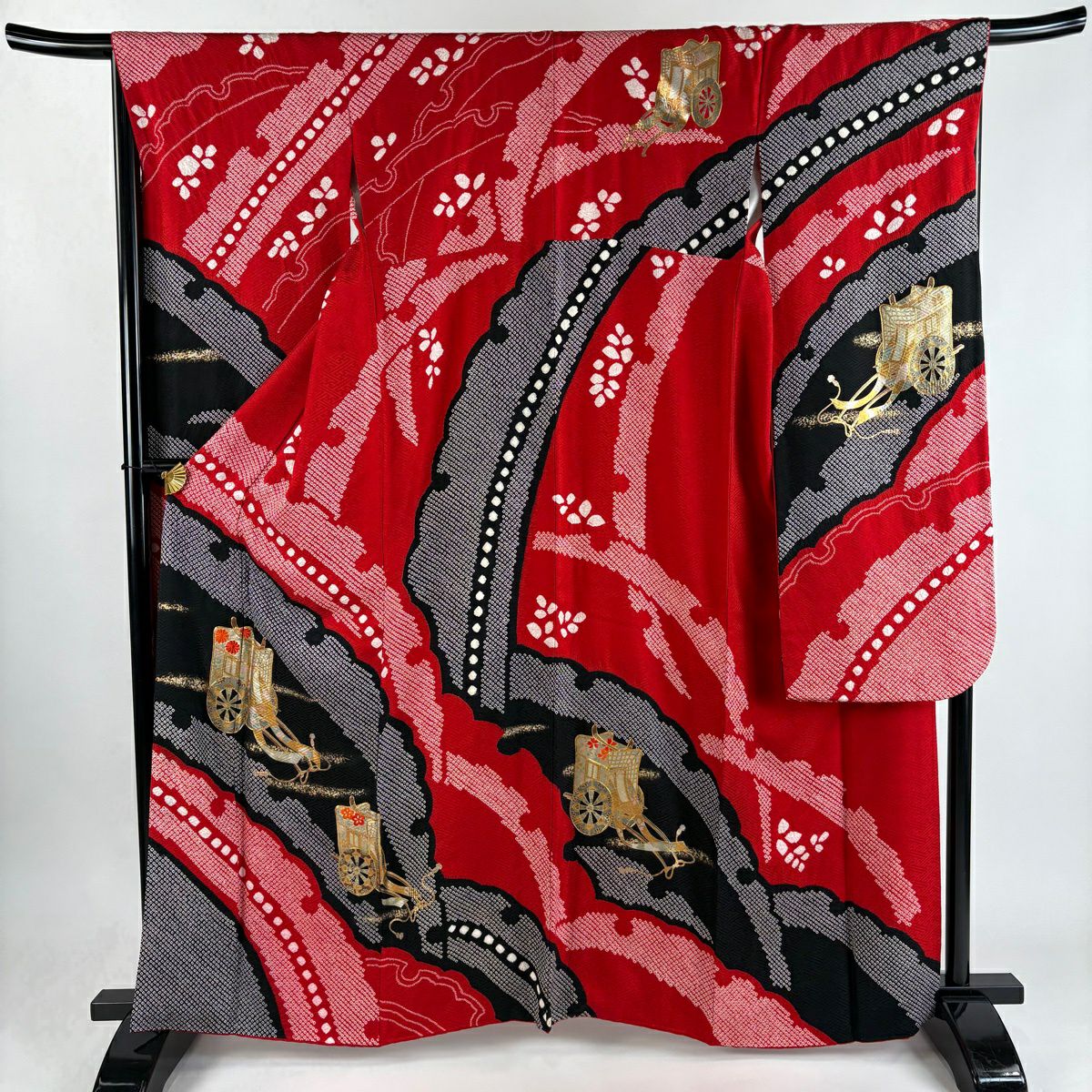 振袖禮服 身長160.5cm 袖長66.5cm M 雙層 御所車 雪輪 絞染 刺繡 紅 純蠶絲 秀品級