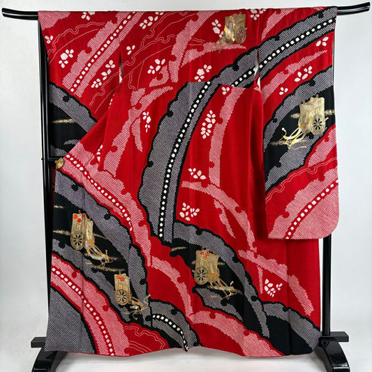 振袖禮服 身長160.5cm 袖長66.5cm M 雙層 御所車 雪輪 絞染 刺繡 紅 純蠶絲 秀品級