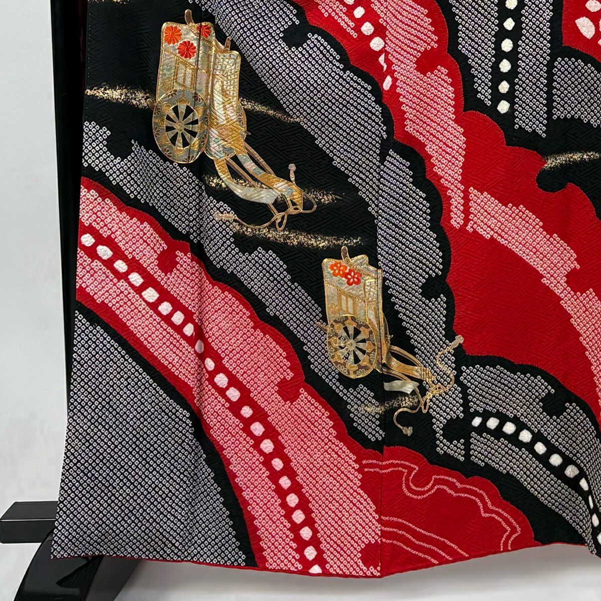 振袖禮服 身長160.5cm 袖長66.5cm M 雙層 御所車 雪輪 絞染 刺繡 紅 純蠶絲 秀品級